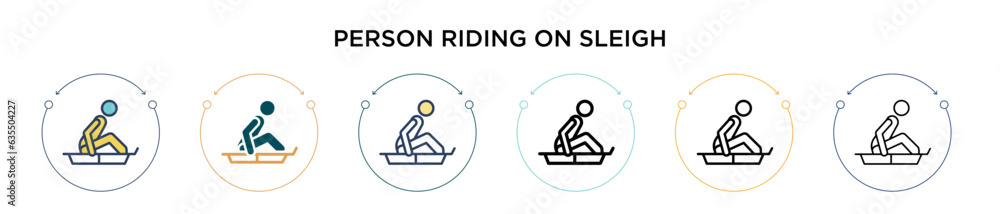 Person riding on sleigh icon in filled, thin line, outline and stroke style. Vector illustration of two colored and black person riding on sleigh vector icons designs can be used for mobile, ui, web
