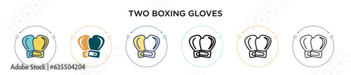 Two boxing gloves icon in filled, thin line, outline and stroke style. Vector illustration of two colored and black two boxing gloves vector icons designs can be used for mobile, ui, web