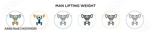 Man lifting weight icon in filled, thin line, outline and stroke style. Vector illustration of two colored and black man lifting weight vector icons designs can be used for mobile, ui, web