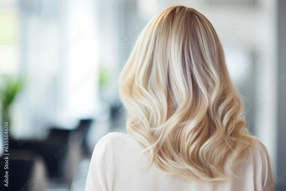 Blonde woman showing her beautiful long hair after a professional hair cut