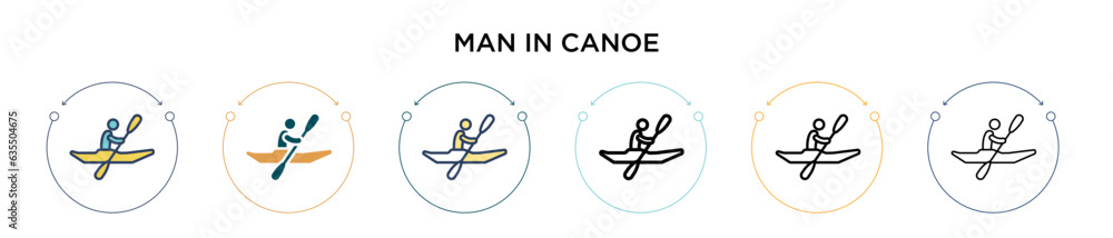 Man in canoe icon in filled, thin line, outline and stroke style. Vector illustration of two colored and black man in canoe vector icons designs can be used for mobile, ui, web