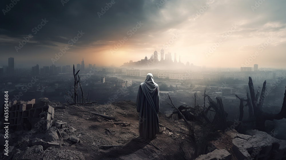 scene of the savior of the world stands in the midst of the apocalyptic ruin city. - obrazy, fototapety, plakaty 