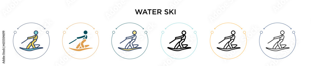Water ski icon in filled, thin line, outline and stroke style. Vector illustration of two colored and black water ski vector icons designs can be used for mobile, ui, web