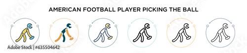American football player picking the ball icon in filled, thin line, outline and stroke style. Vector illustration of two colored and black american football player picking the ball vector icons