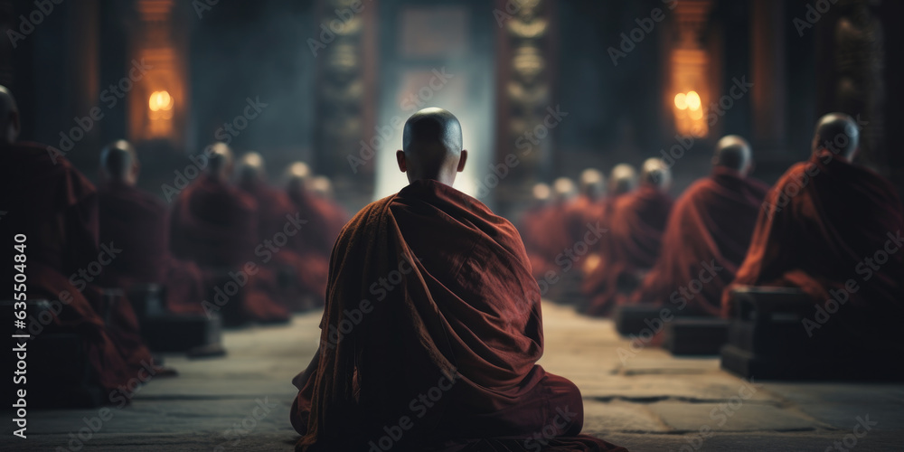Zen monks practicing meditation in temple or monastery for spiritual enlightenment - obrazy, fototapety, plakaty 