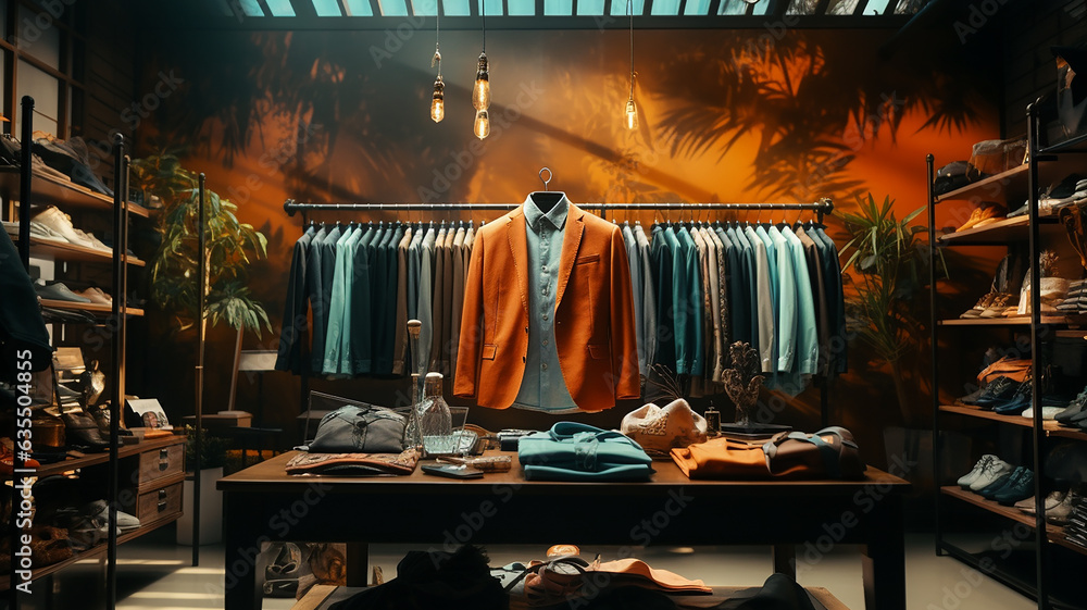 Fototapeta premium Stylish men's clothes in shop, Generative AI.