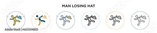 Man losing hat icon in filled, thin line, outline and stroke style. Vector illustration of two colored and black man losing hat vector icons designs can be used for mobile, ui, web