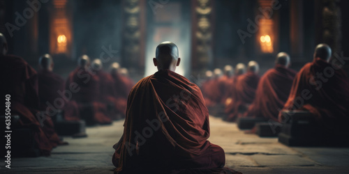 Zen monks practicing meditation in temple or monastery for spiritual enlightenment photo