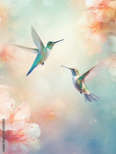 Abstract hummingbirds floral background, calm, peaceful, painterly, wallpaper, printed, poster  © amavi.her1717