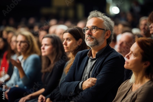 audience listening to speaker at a business conference (Generative AI)