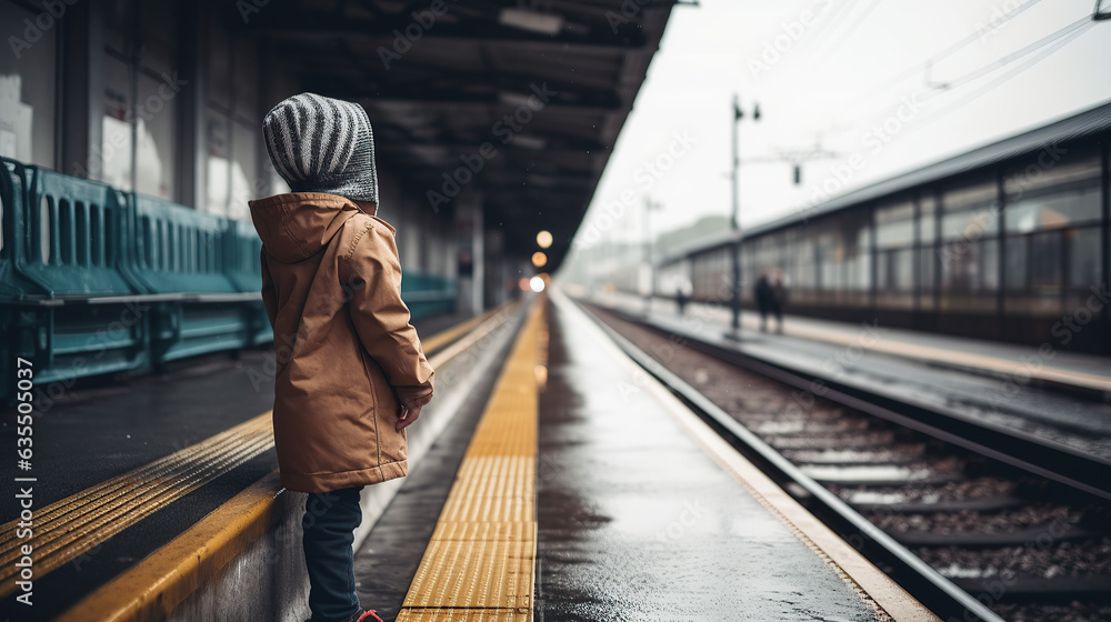 A lonely child is waiting for a train at the station in rainy weather