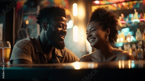 African woman and a black man chatting kindly at a bar, ai art