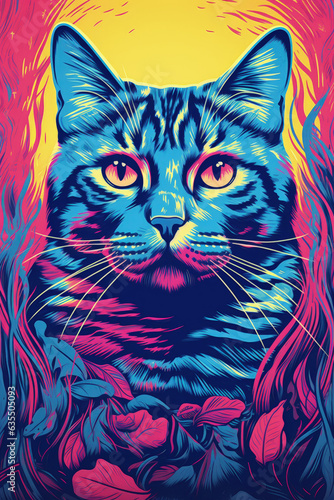 Colorful silk-print cat illustration made with Generative AI 