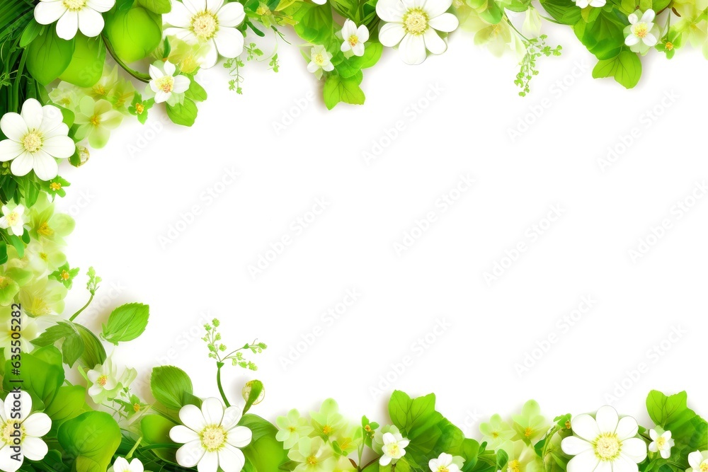 Floral border frame card template. green flowers, leaves, for banner, wedding card. Springtime composition with copy-space Floral border frame card template. green flowers, leaves, for banner, wedding card. Springtime composition with copy-space