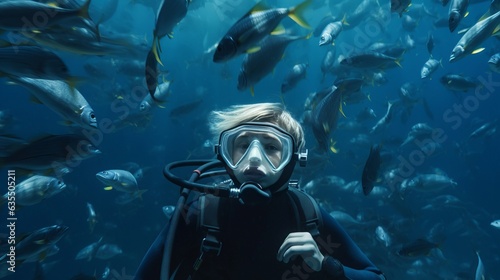 Young scuba diver explores the depths of the sea with fish, ai art