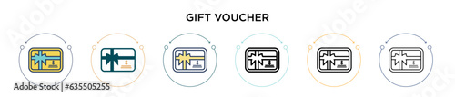 Gift voucher icon in filled, thin line, outline and stroke style. Vector illustration of two colored and black gift voucher vector icons designs can be used for mobile, ui, web