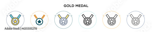 Gold medal icon in filled, thin line, outline and stroke style. Vector illustration of two colored and black gold medal vector icons designs can be used for mobile, ui, web