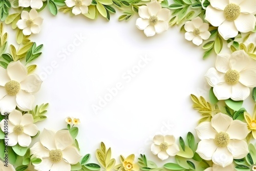 Floral border frame card template. green flowers, leaves, for banner, wedding card. Springtime composition with copy-space © AITTHIPHONG