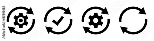 Sync process icon set. Sync processing icons. Circle arrow with gear wheel vector