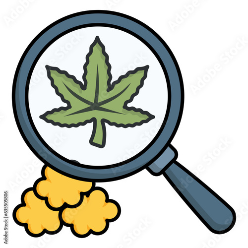 Analyzing Hemp Strains with magnifying glass concept, weed botanical research vector icon design, Cannabis and marijuana symbol, thc and cbd sign, recreational herbal drug stock illustration