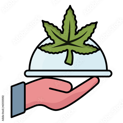 cannabis-infused food concept, Hand holding cloche with hemp leaf vector icon design, Cannabis and marijuana symbol, thc and cbd sign, recreational herbal drug stock illustration