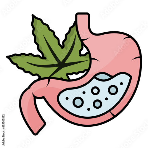 cannabinoids inhibit gastric acid secretion concept, reducing abdominal pain using Hemp vector icon design, Cannabis and marijuana symbol, thc and cbd sign, recreational herbal drug stock illustration