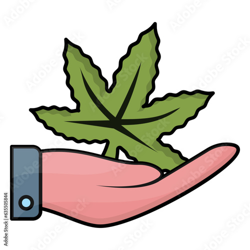 Hand Holding Hash Leaf concept, Hemp Plant Care vector icon design, Cannabis and marijuana symbol, thc and cbd sign, recreational herbal drug stock illustration