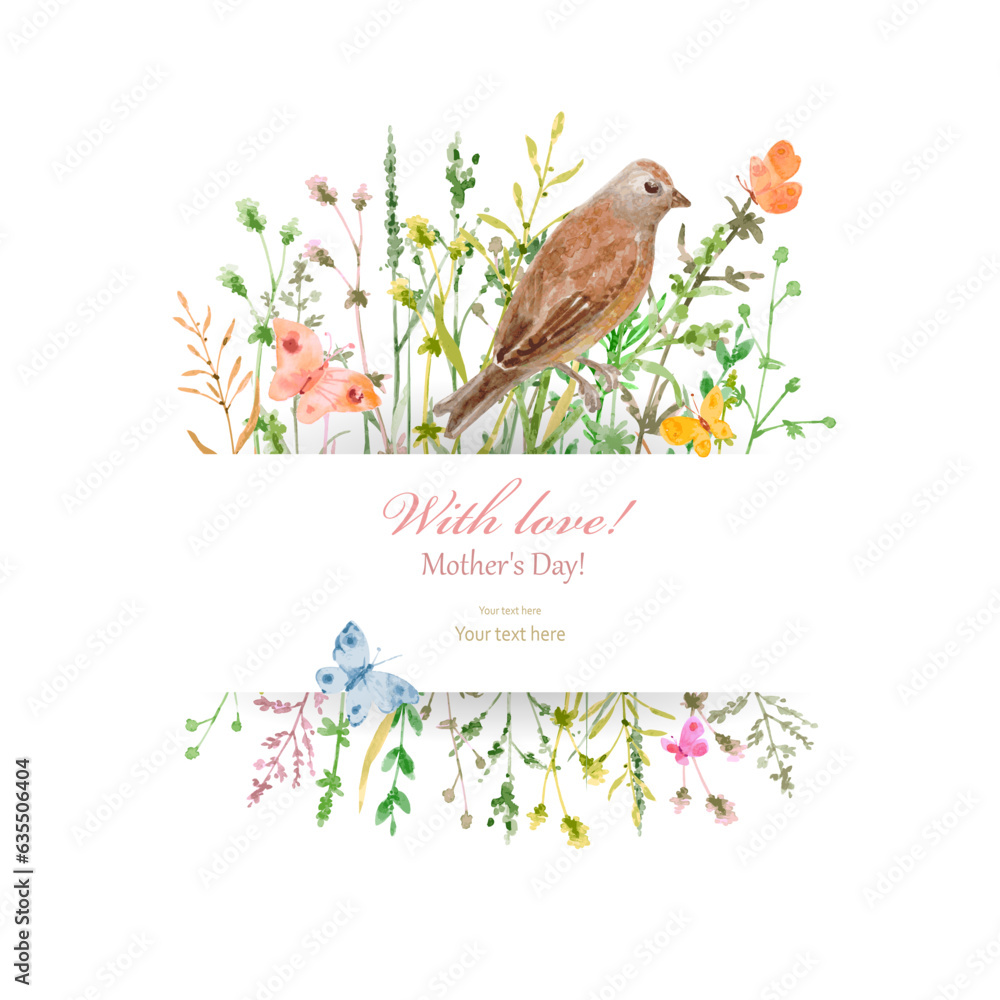watercolor floral banner with butterflies. invitation card with