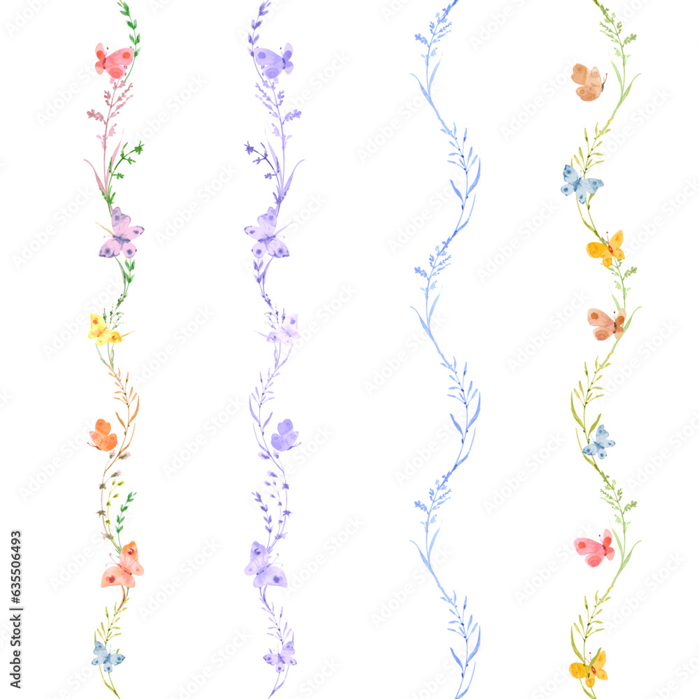 collection vertical seamless borders with watercolor herbal twig