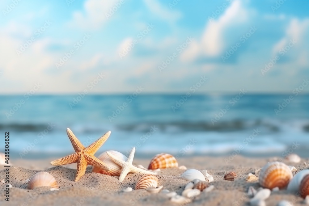Beach with seashells and starfish and sky Beach with seashells and starfish and sky