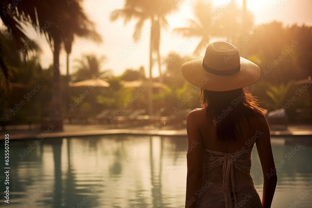 A woman wearing a hat looking at the water of a lagoon hotel and a swimming pool