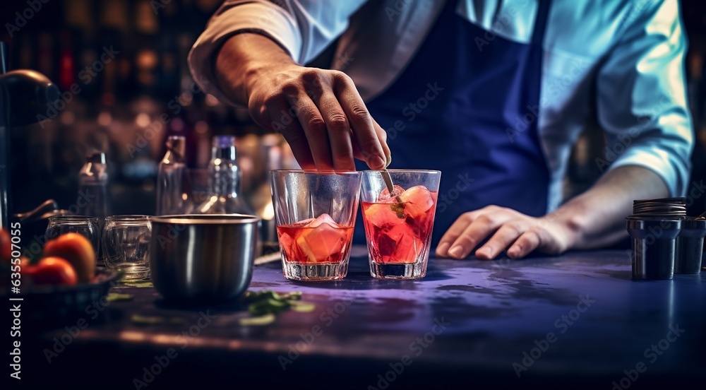 close-up of barman doing coctail in the restaurant, person doing colorful coctail in the pub