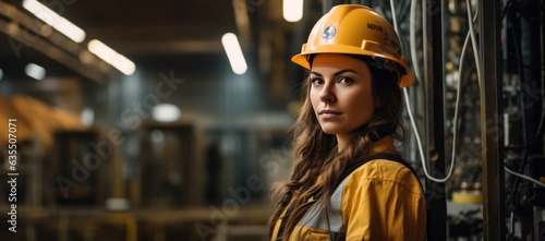 A woman wearing hard hat and protective jacket stands in the electric wires of a power station working.