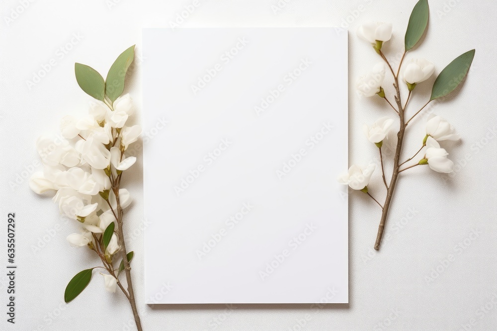 Minimal empty paper card mock up with white flowers. Minimal empty paper card mock up with white flowers.