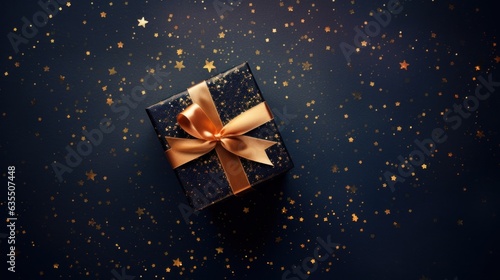 Present box wrapped in a gold ribbon with stars floating around a blue background
