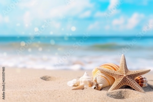 Beach with seashells and starfish and sky © ArtCookStudio