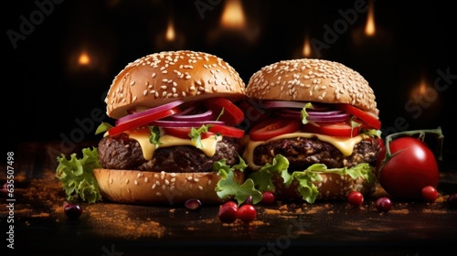 Two burgers on dark background.