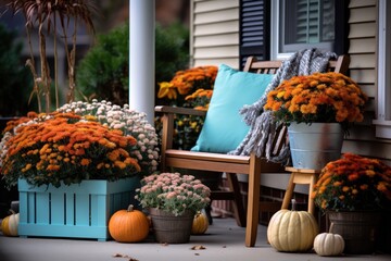 Front door with fall decor, pumpkins and autumn themed decorations