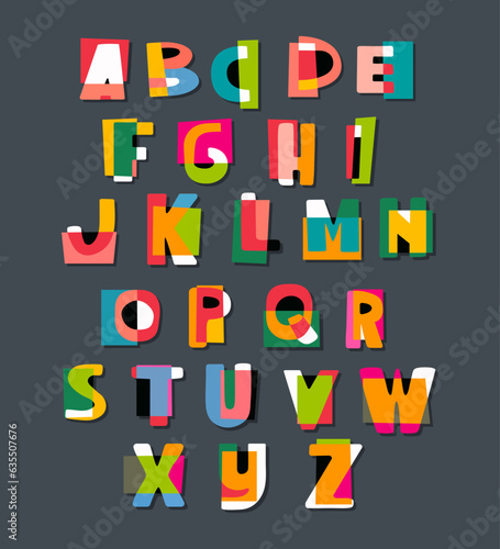 Alphabet in paper style ransom vector letters. Flat colorful Anonymous Note Font. Latin Letters funny symbols. Childish hand drawn letters. Cut out letters