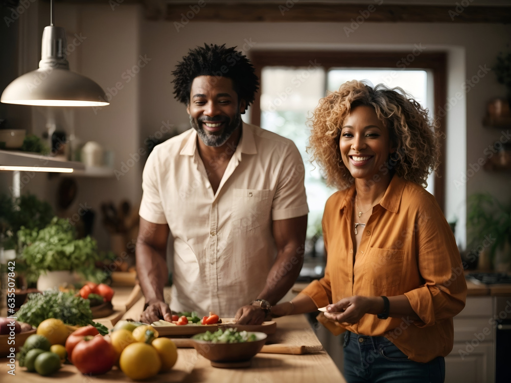 Afro american couple cooking, eating food in the kitchen, happy family laughing and having fun together. Afro american couple cooking, eating food in the kitchen, happy family laughing and having fun together.