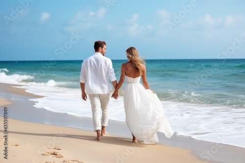 Couple dressed in white walking on the beach