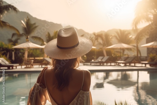 A woman wearing a hat looking at the water of a lagoon hotel and a swimming pool