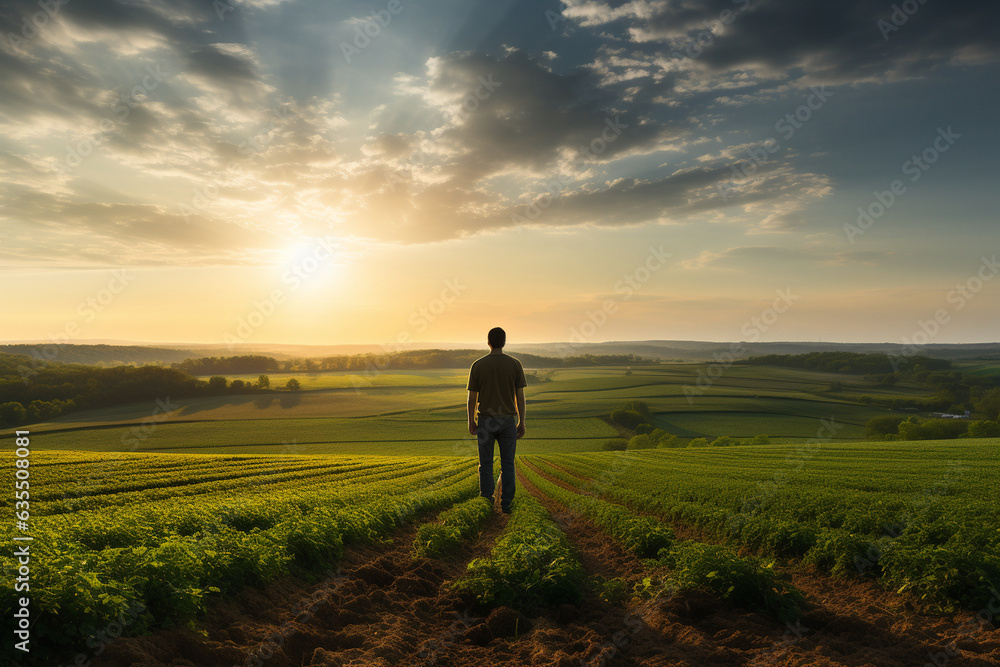 An empowering scene of a man agronomist overlooking his fields during sunset, symbolizing his dedication to the cycle of growth and sustenance 