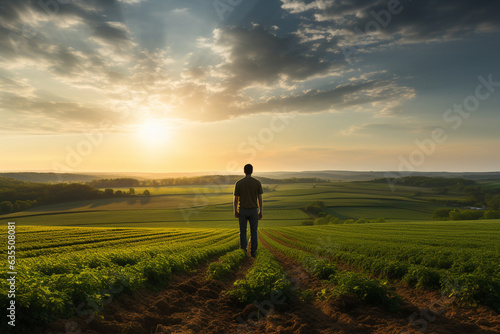 An empowering scene of a man agronomist overlooking his fields during sunset, symbolizing his dedication to the cycle of growth and sustenance  © Maksym