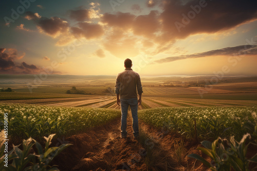 An empowering scene of a man agronomist overlooking his fields during sunset, symbolizing his dedication to the cycle of growth and sustenance  photo