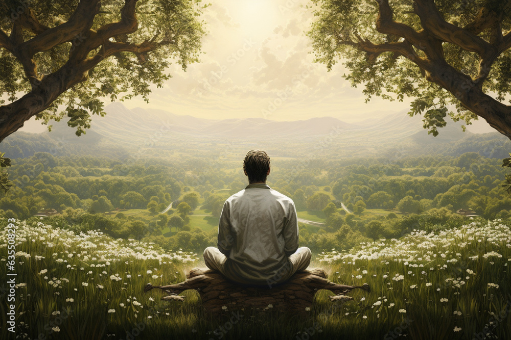 The serene image of a man agronomist meditatively observing a lush orchard, embodying a deep connection between man and nature 