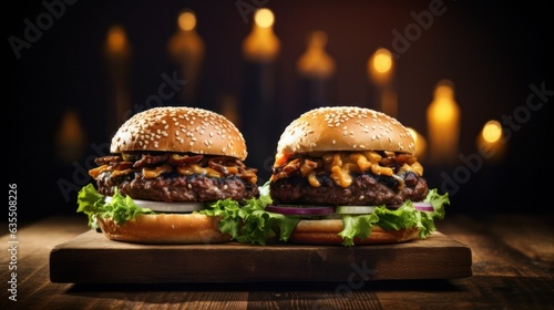 Two burgers on dark background