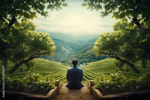The serene image of a man agronomist meditatively observing a lush orchard, embodying a deep connection between man and nature  photo