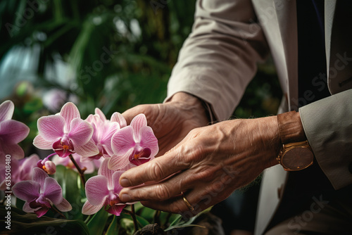 A close-up shot of a man agronomist's hands gently caring for a delicate orchid, embodying his role as a guardian of plant life 
