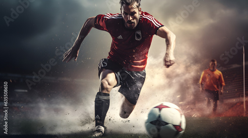 Soccer player executing a powerful kick on soccer ball in an intense scene on a sunlit game field © JJ1990
